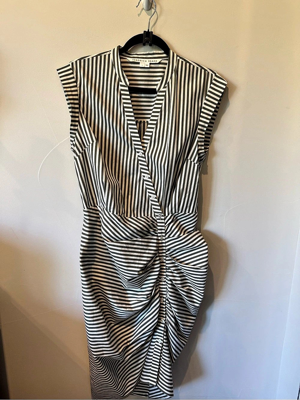 Veronica Beard Ruched Stripe Shirtdress Black & White Small